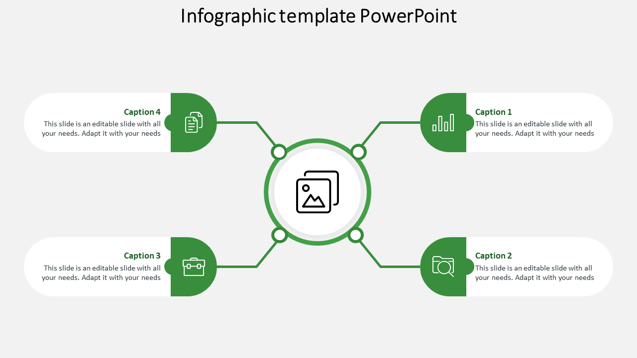 Green themed infographic PowerPoint template with a central icon linked to four surrounding sections featuring captions.