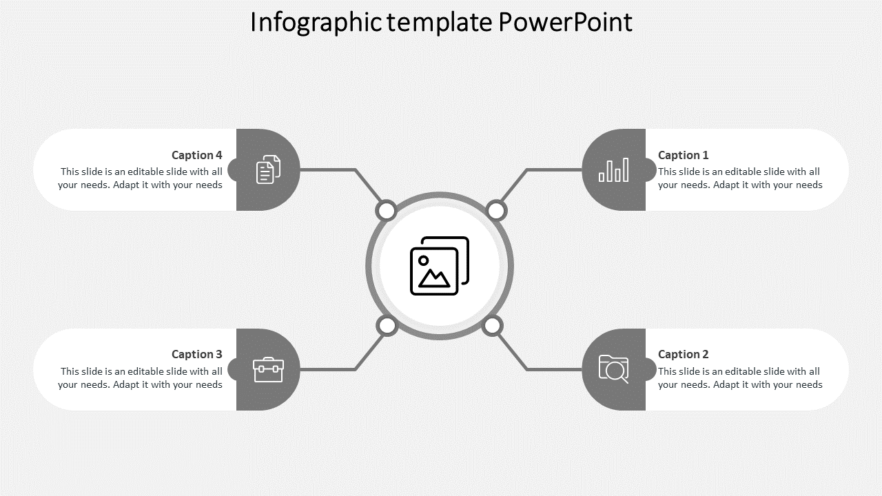 Gray themed infographic template with a central icon connected to four sections featuring captions and text.