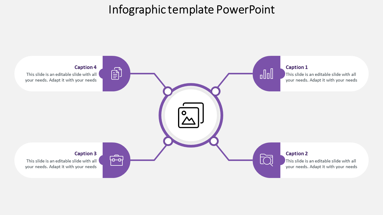 Purple themed infographic PowerPoint template with a central icon connected to four labeled sections.
