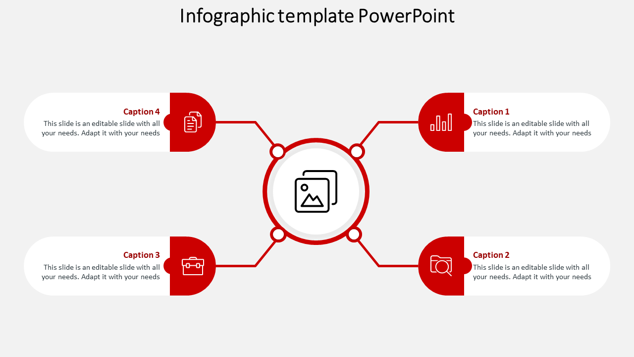 Four red-labeled sections radiate from a central image icon in a circle, forming a clean, stepwise infographic layout.