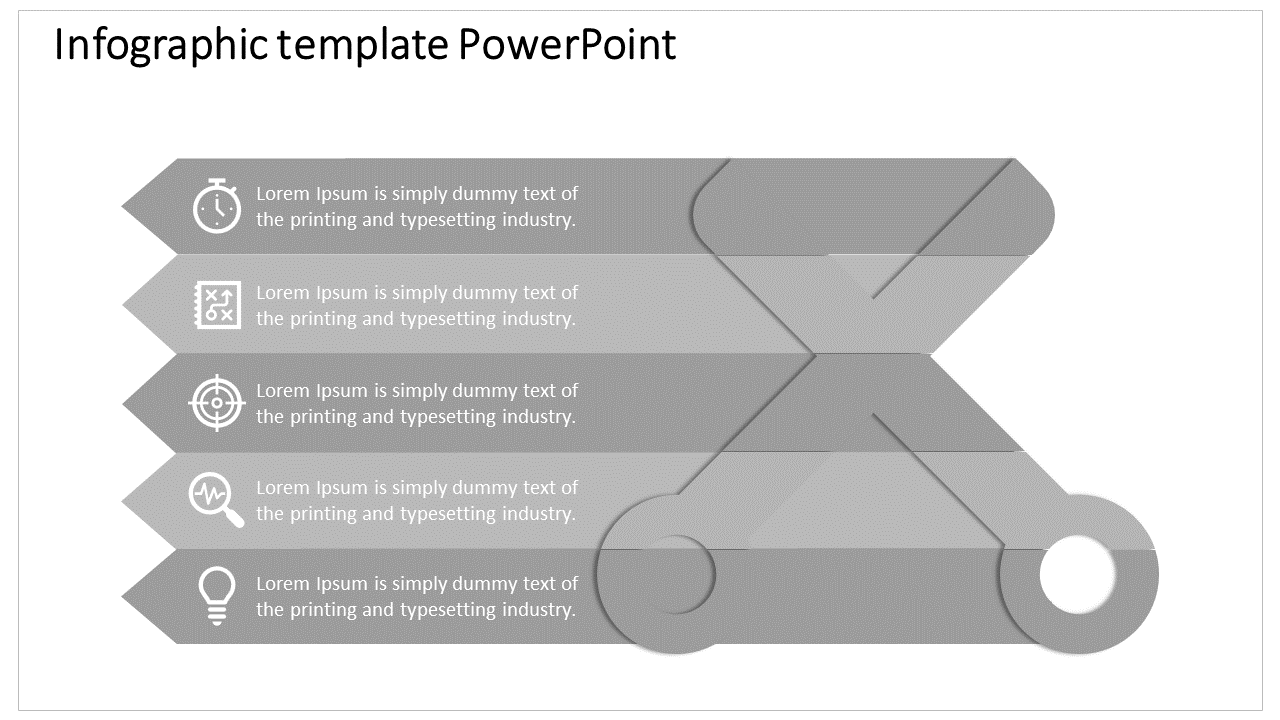 Infographic slide with overlapping five gray ribbon like layers arranged vertically with white icons on a light background.