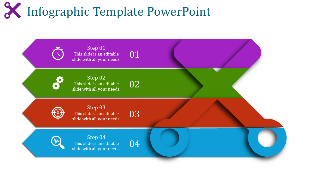 Modern infographic template of stacked banners in purple, green, red, and blue, each indicating a numbered step.