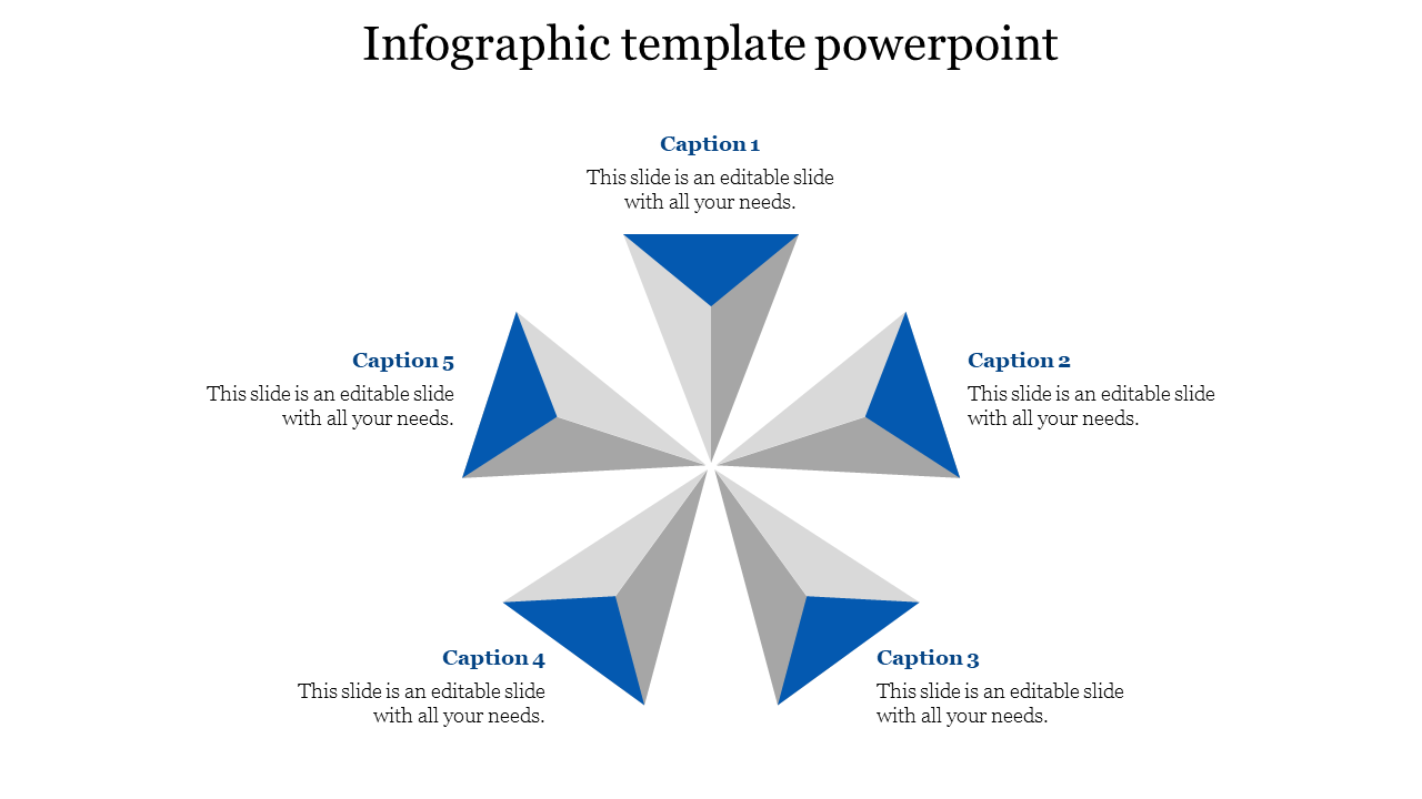 Infographic PowerPoint template with five sections arranged in a star shape, each containing a caption.
