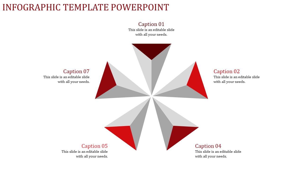Circular infographic with five triangular segments in shades of red and gray, evenly spaced with captions around it.