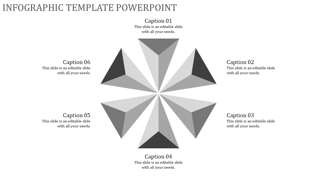 Gray infographic PowerPoint template featuring six triangular sections, each with captions.