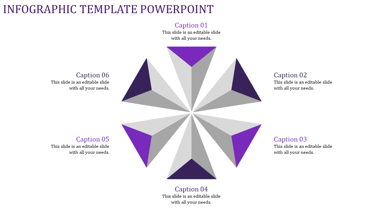 Purple and gray infographic PowerPoint template with six sections, each featuring captions.