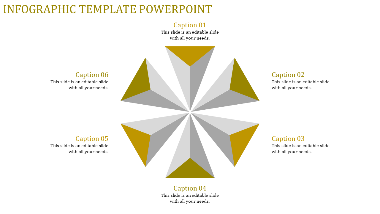 Infographic template with a starburst pattern in yellow and gray triangles, surrounded by six captions.