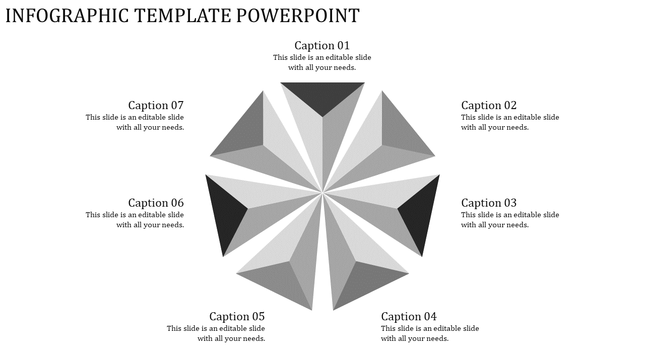 Black and gray pointed infographic design with seven labeled captions placed evenly around the central shape.