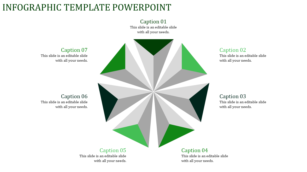 Modern infographic with eight pyramid triangular shapes in a radial layout, alternating green and gray, with captions areas.