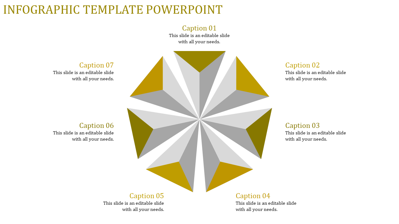 Modern infographic with eight pyramid like triangular shapes in a radial layout, alternating yellow and gray, with captions.
