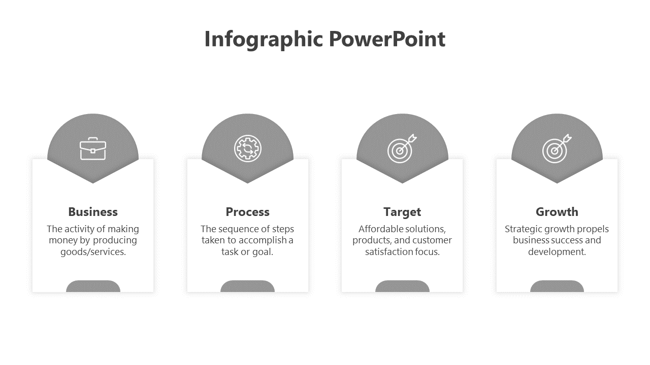 Infographic PowerPoint template with gray icons representing business, process, target, and growth.