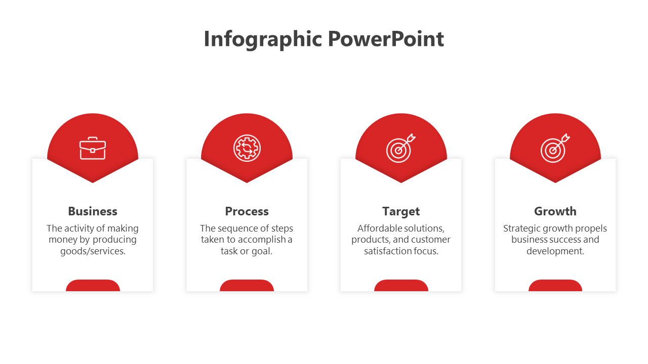 Horizontal infographic with four business-related stages, each represented by a red icon and a white rectangular text area.