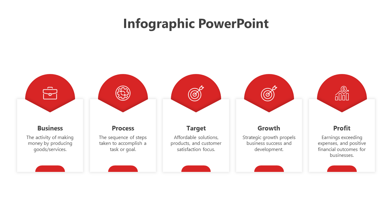 Infographic PowerPoint slide with red icons representing business, process, target, growth, and profit.