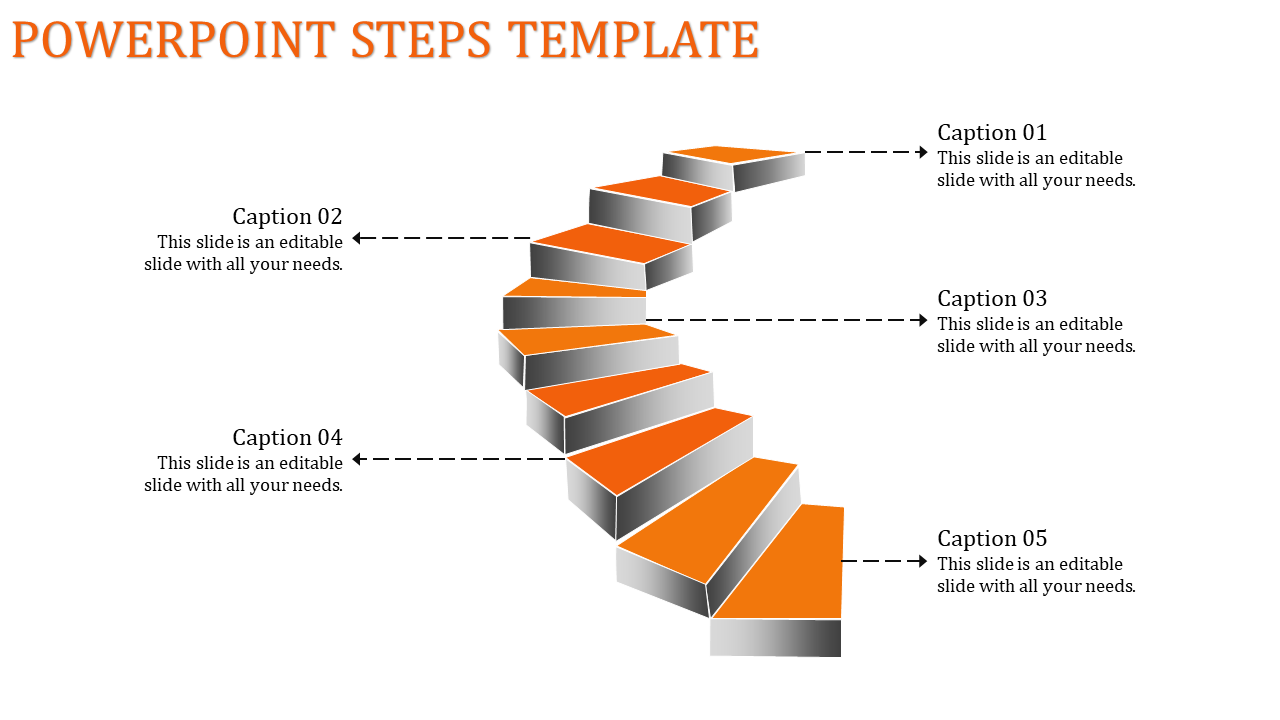 Spiral staircase infographic with five ascending steps, each linked to a placeholder caption via dashed lines.