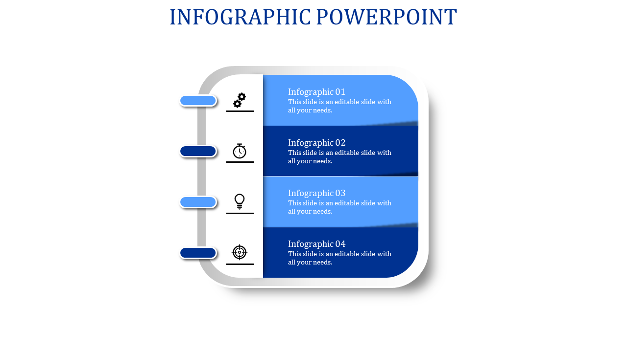 Notebook style infographic with four blue sections aligned with icons on the left, representing different steps.