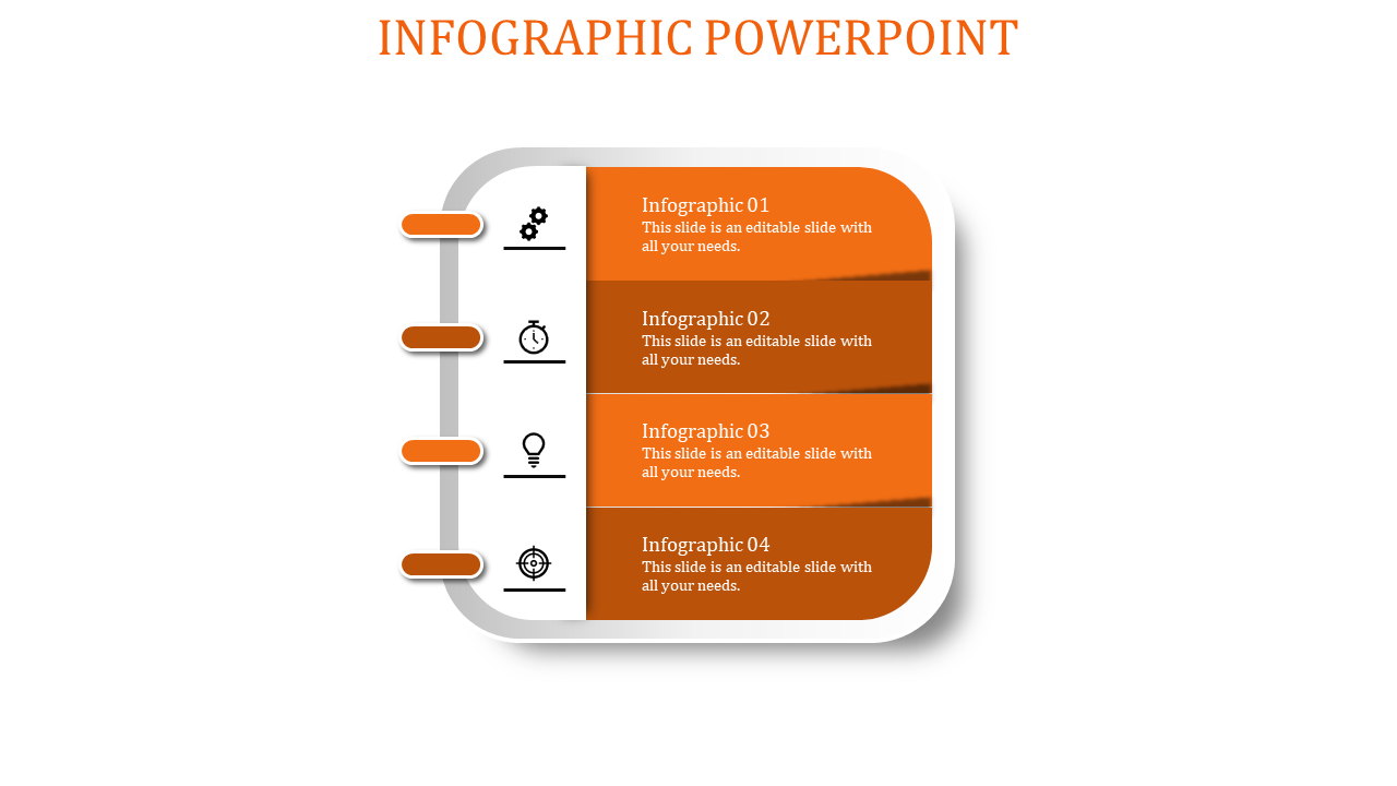 Infographic PowerPoint template featuring four sections with orange colored blocks and icons representing different concepts.