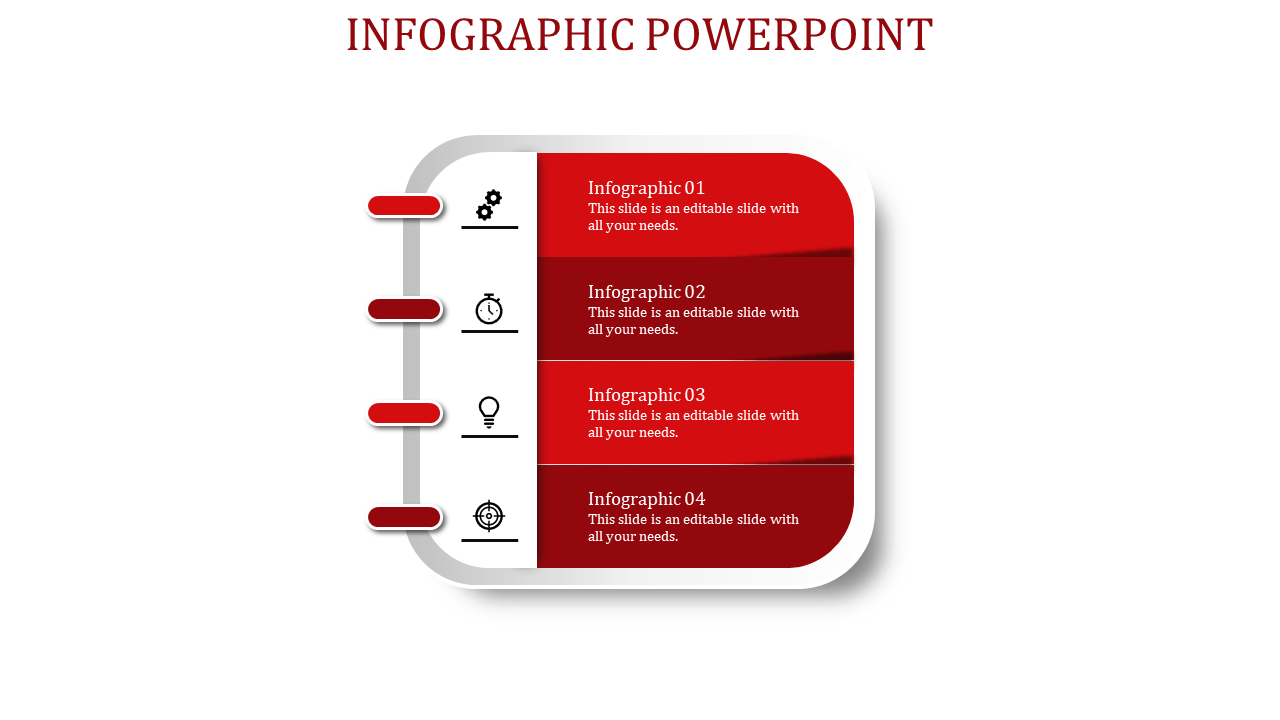 Slide featuring a vertical spine and four red rectangular sections for text and icons, on a white background.