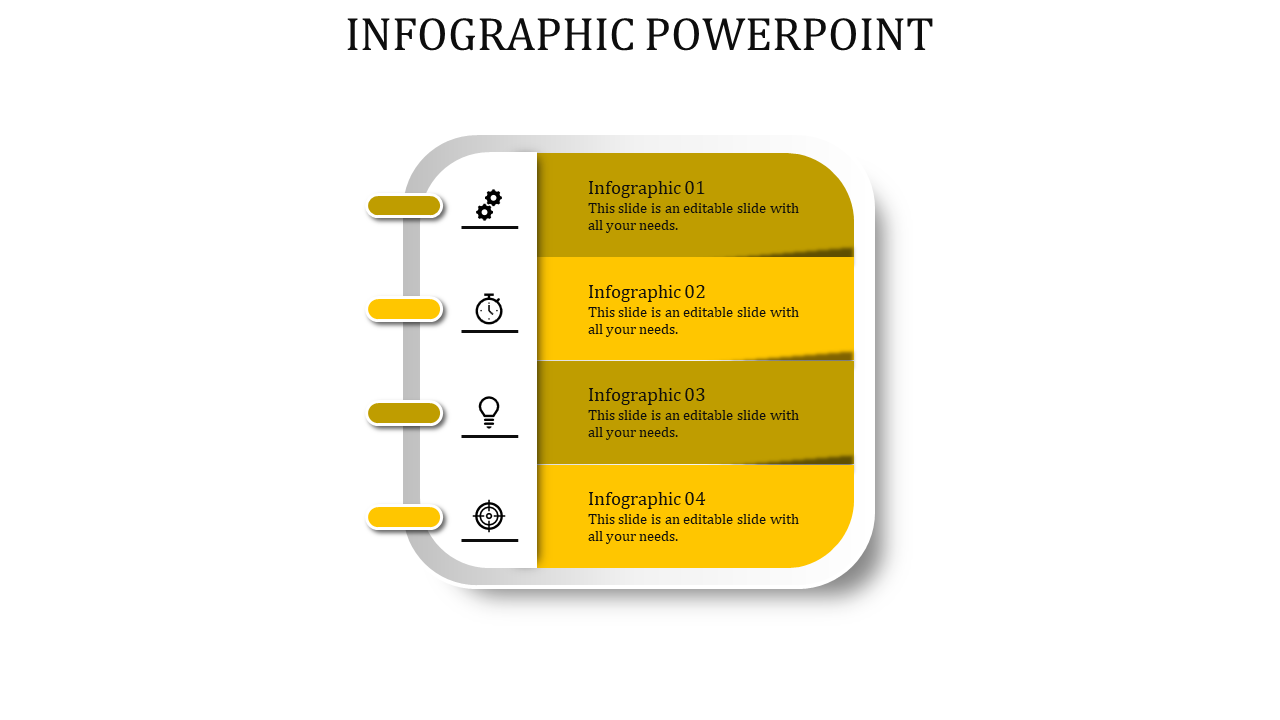 Infographic PowerPoint template featuring four sections with yellow colored blocks and icons representing different concepts.