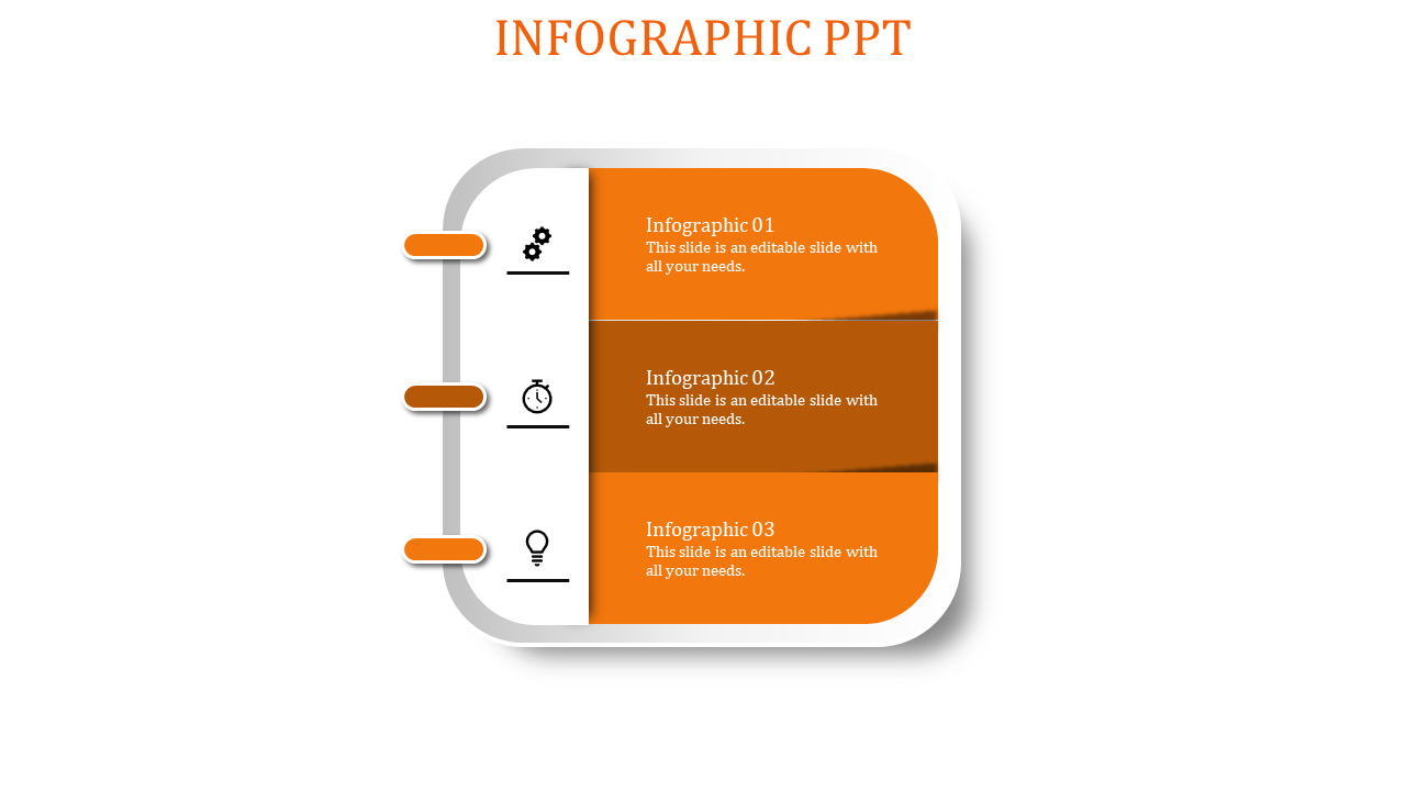 Infographic PowerPoint template with three orange steps, each featuring an icon and placeholder text.