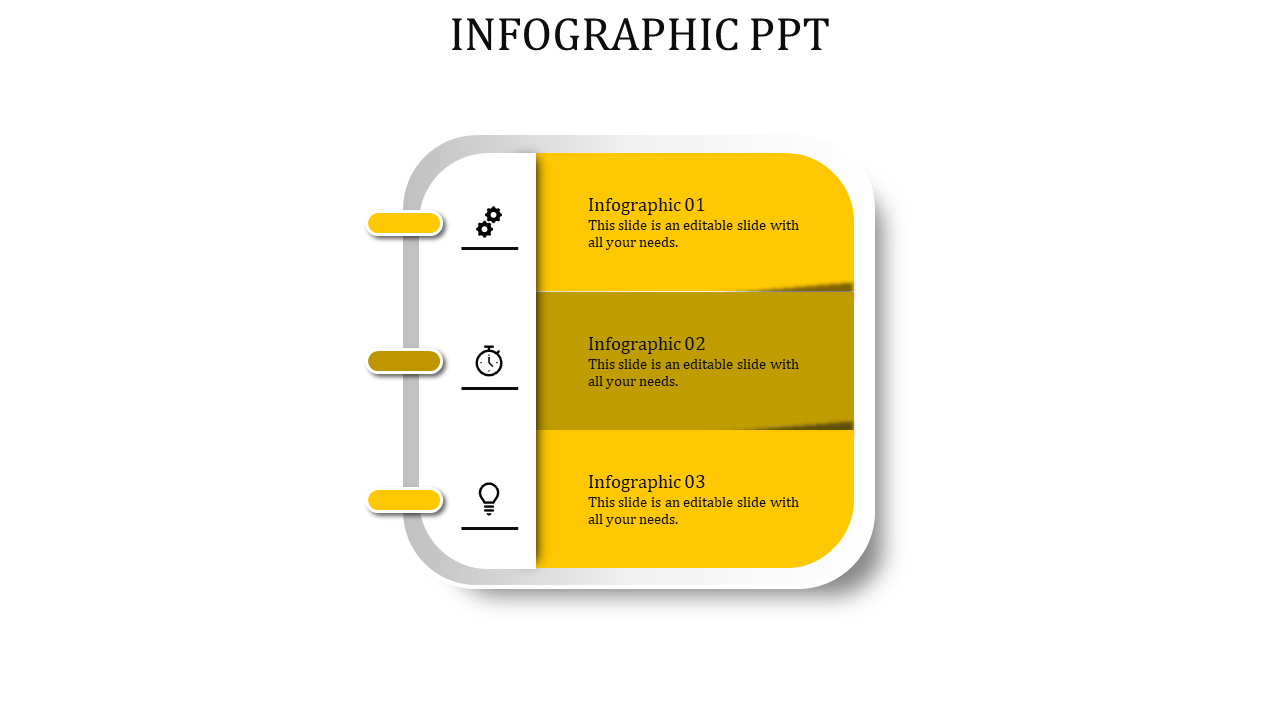 Infographic PowerPoint template with three yellow steps, each featuring an icon and placeholder text.