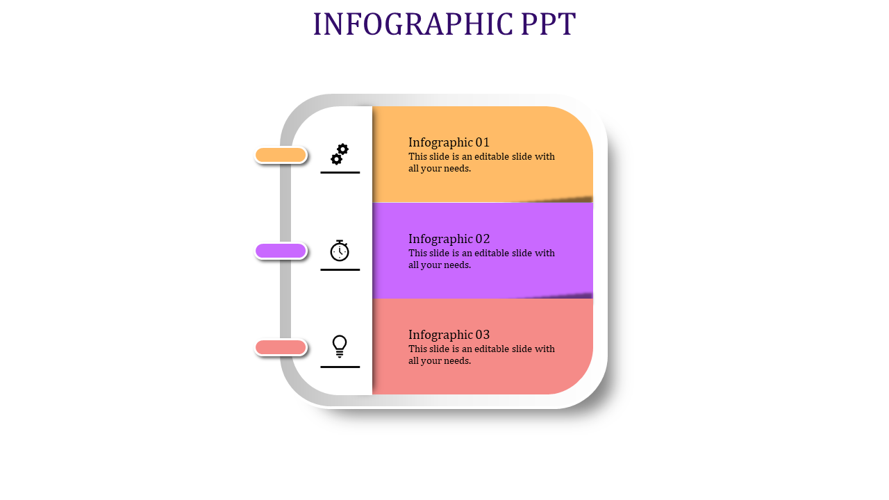 Spiral bound infographic with three horizontal banners in orange, purple, and red, linked to vertical icons on the left.