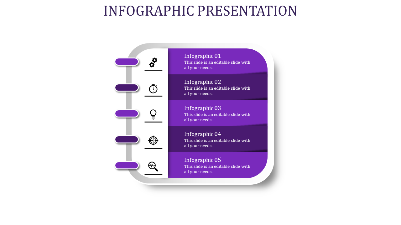 Notebook style infographic with five purple sections, each linked to icons on the left, representing different concepts.
