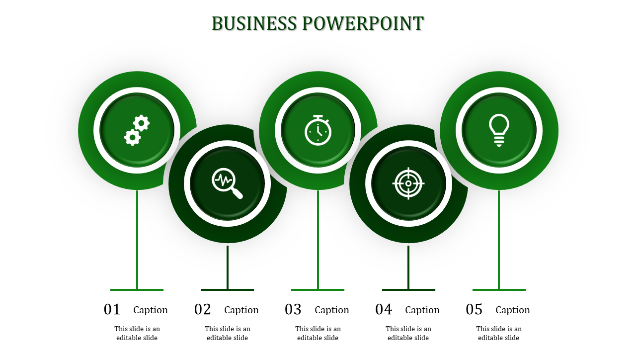 Business PowerPoint template with five green circular icons, each representing a different business concept with captions.