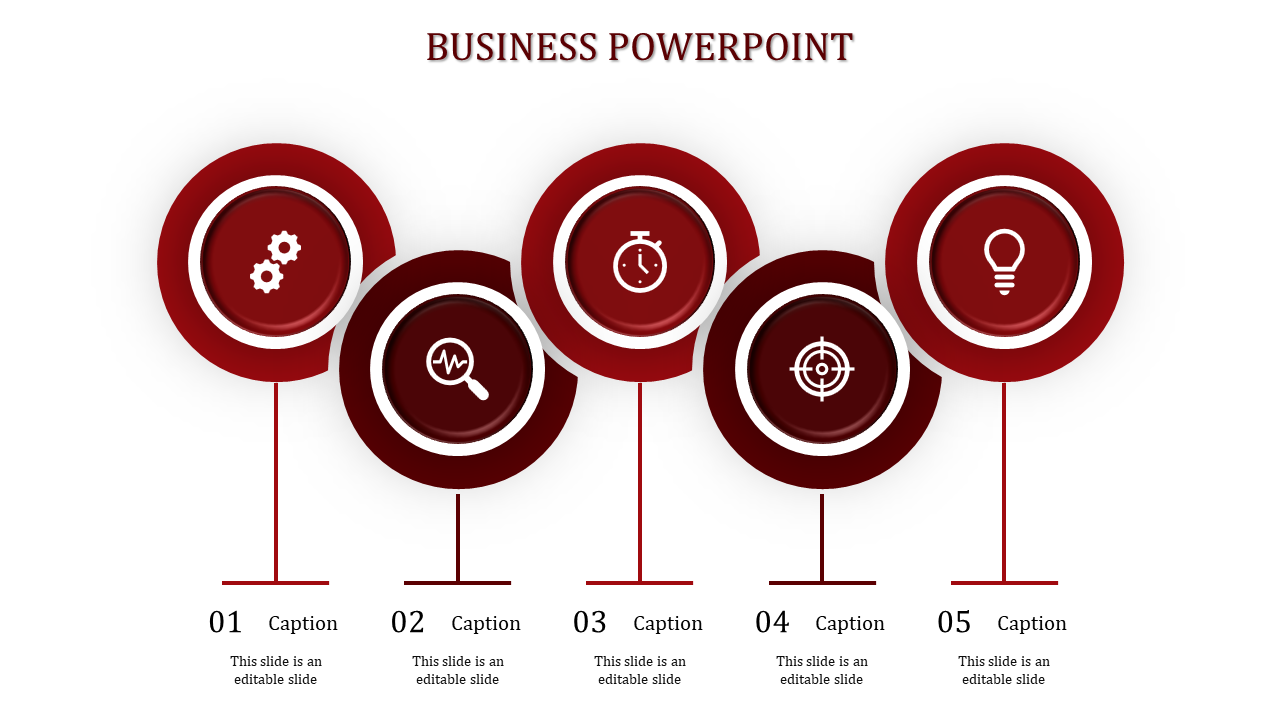 Horizontal infographic with five circular red graphics and captions for business related content on a white backdrop.