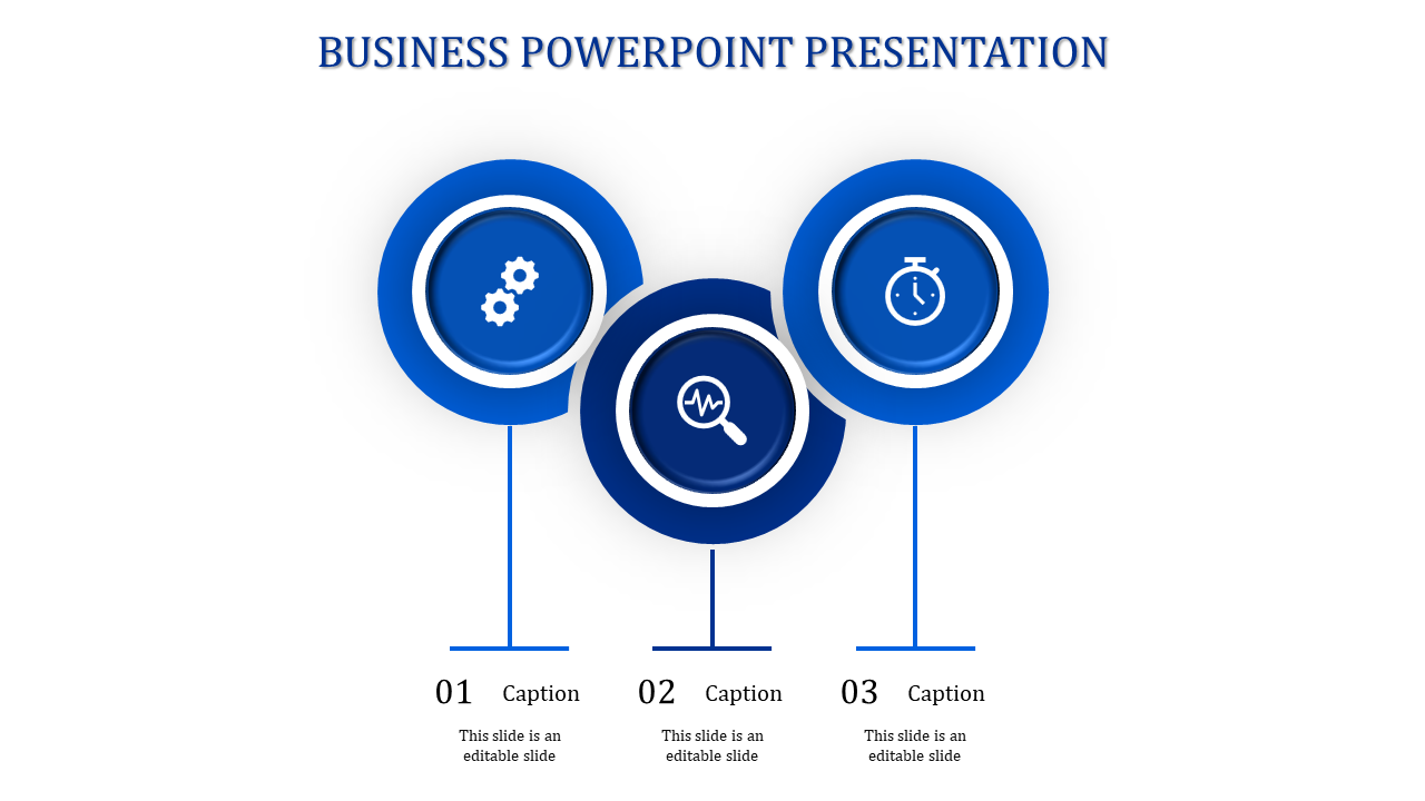 Business themed infographic with three blue circular elements, each with an icon and connected to text descriptions below.
