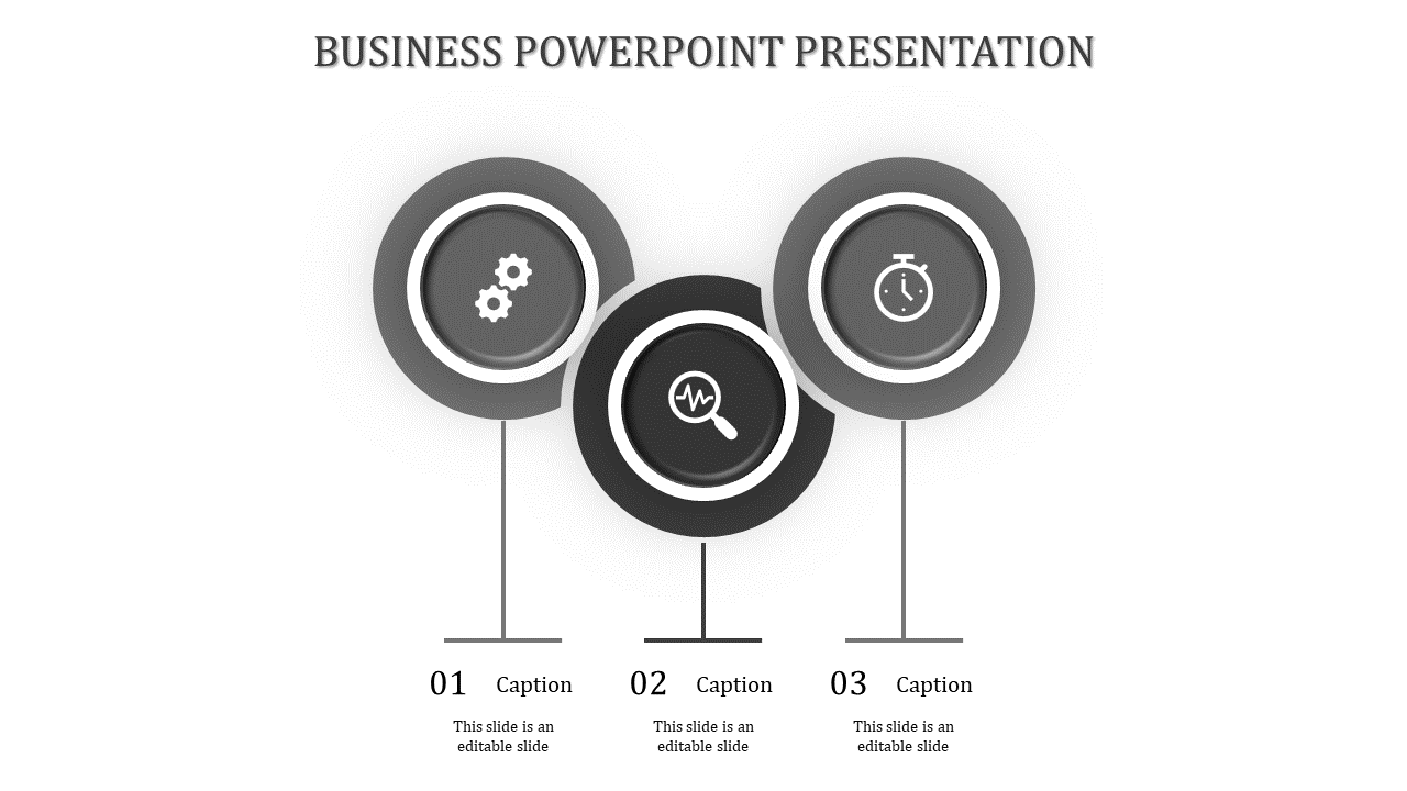 Business PPT slide with three icons representing settings, analysis, and time management, accompanied by captions.
