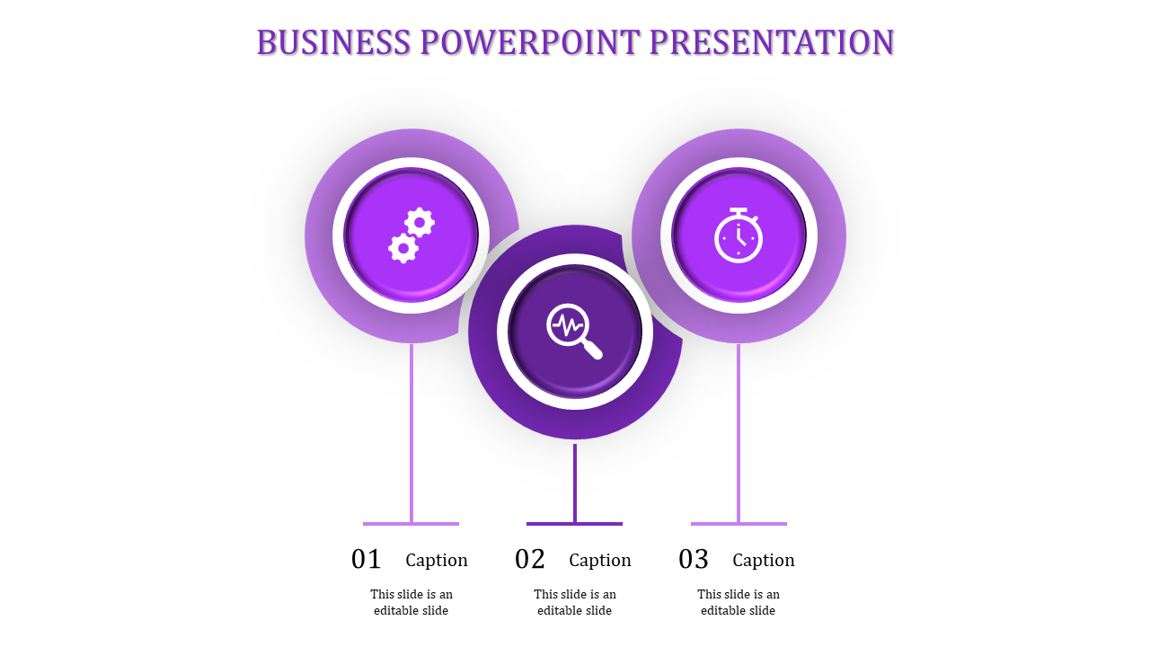 Business PowerPoint slide featuring three purple icons for settings, magnifying glass, and timer, with captions.