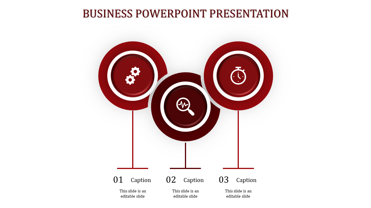 Slide featuring three red icons for business concepts, each linked to a numbered caption below on a white layout.