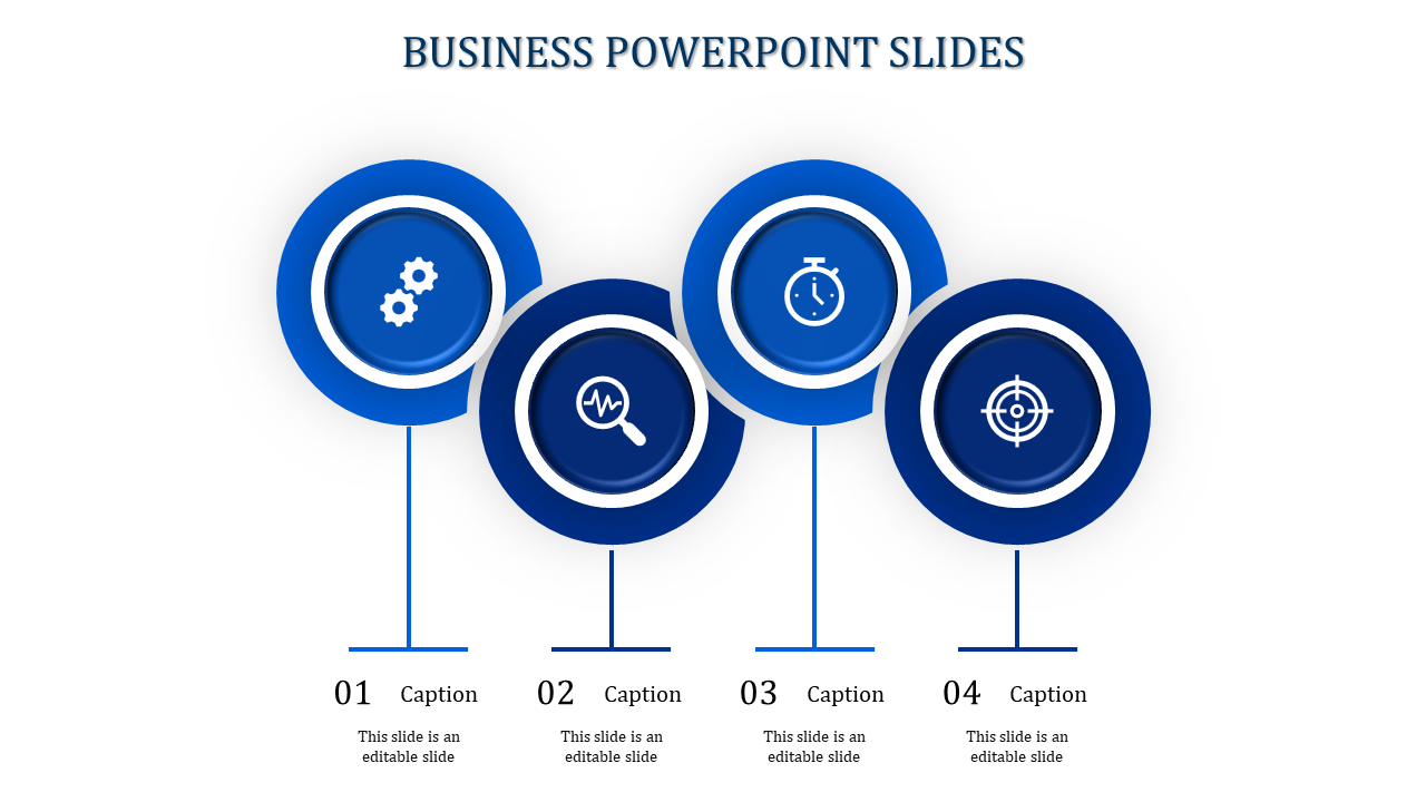 Modern business slide with four blue circular nodes, each displaying an icon and connected captions below.