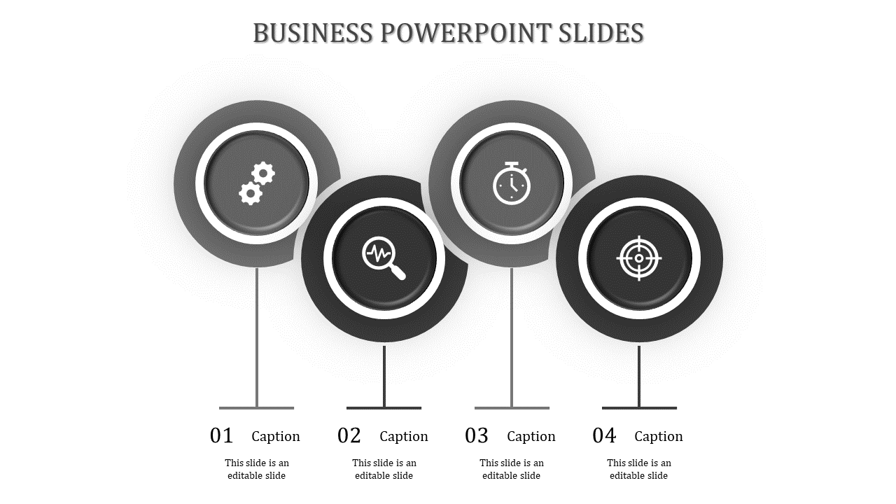 Business slide with four circular gray icons connected to captions below on a white background.