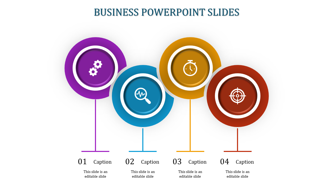 Business PowerPoint slide with four colorful icons representing settings, search, timer, and target, each with captions.
