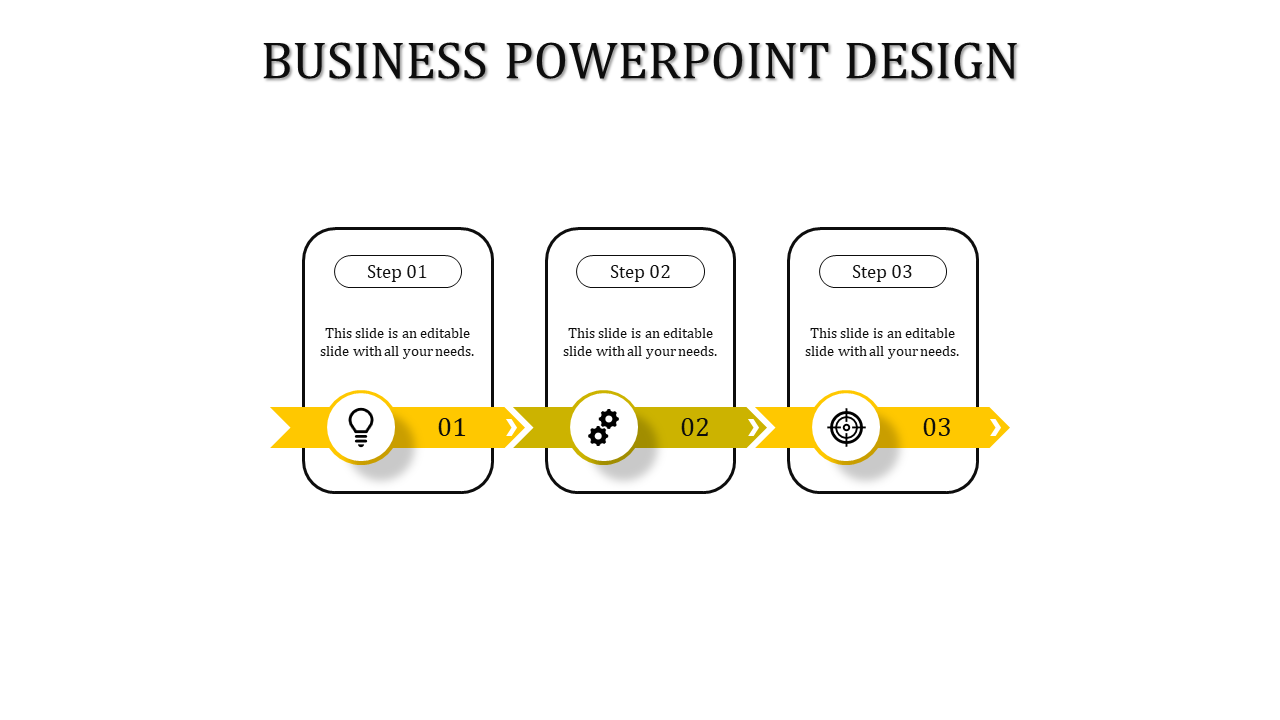 Three step process chart with yellow banners, featuring circular icons and rectangular text placeholders on a white canvas.