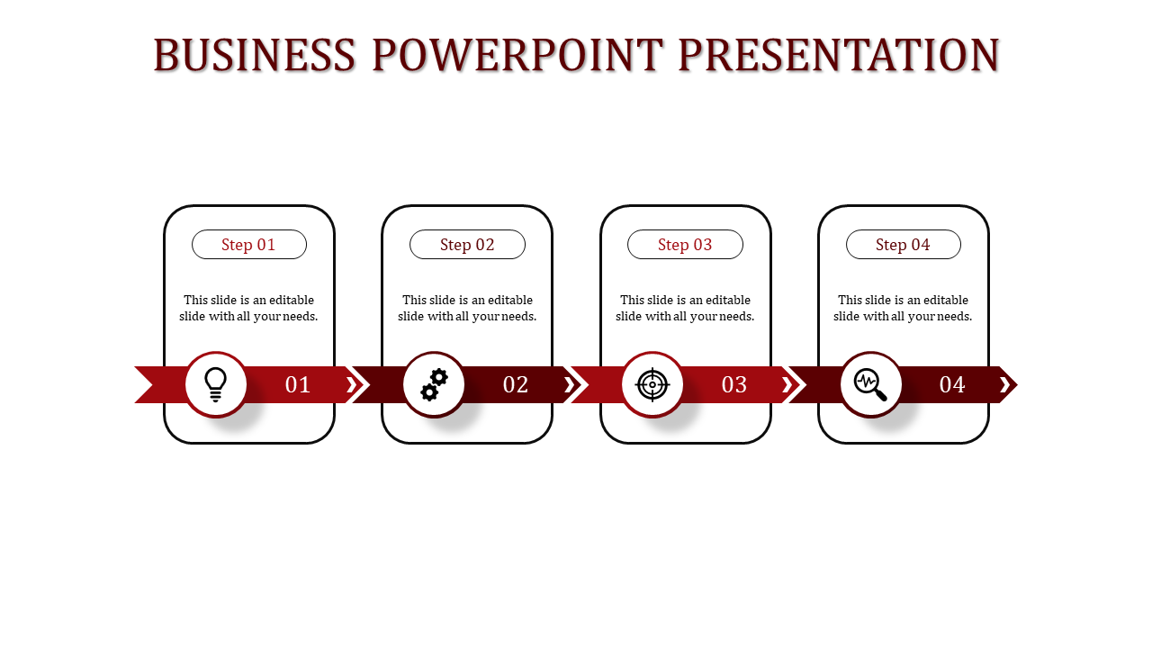 Professional business PowerPoint slide design featuring maroon arrows and icons illustrating a four step process.
