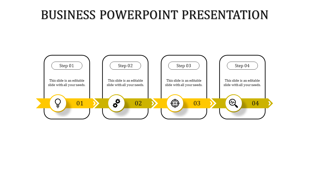 Stepwise business presentation with yellow ribbons, icons, and connecting arrows for four stages.