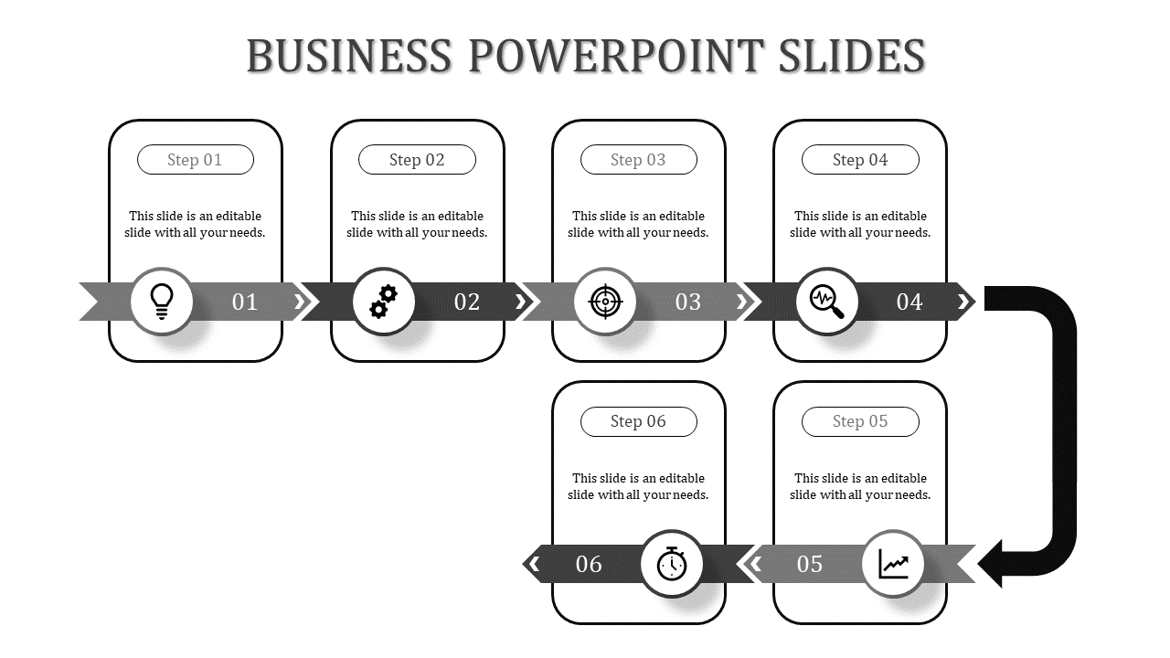 Stepwise business presentation with monochrome ribbons, icons, and connecting arrows for six stages.