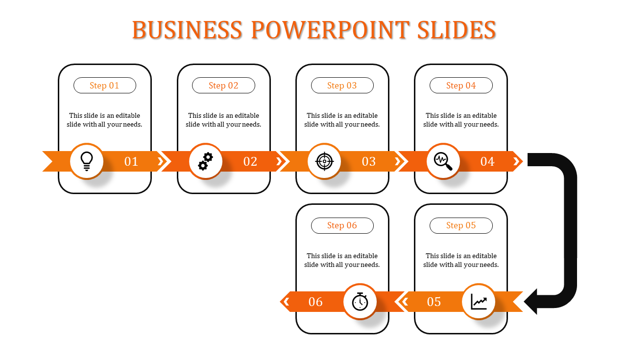 Orange themed six step business PPT slide with sequential process flow and text boxes with icons and placeholder text.
