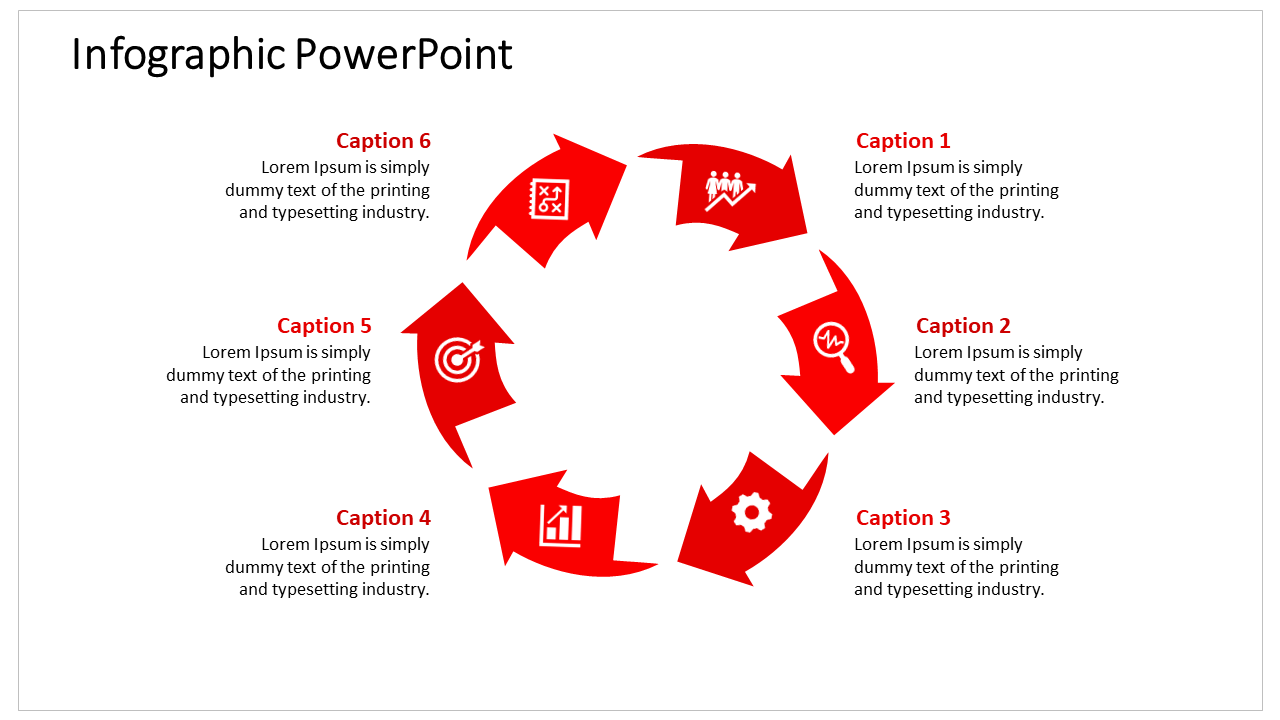 Infographic with six arrows in red pointing in a loop, labeled with icons for project strategy, development, and performance.