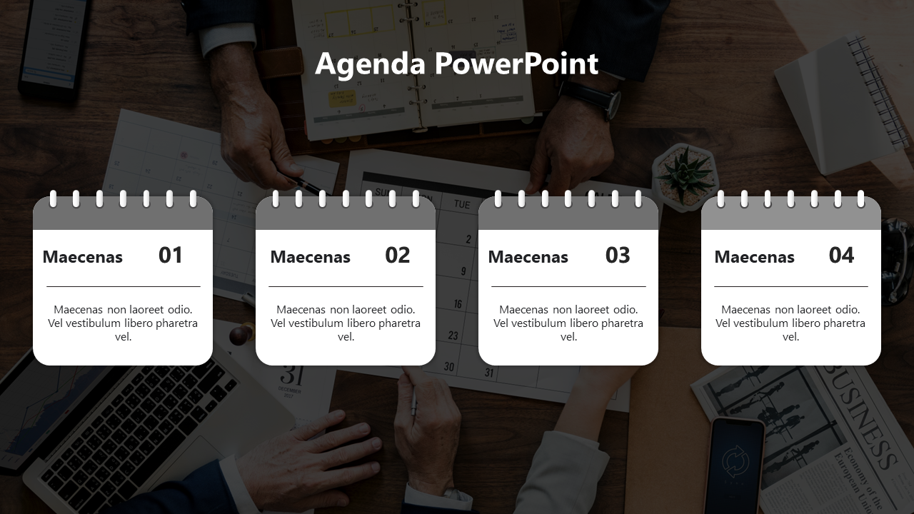 Four agenda placeholders in flip calendar design with numbers 01 to 04 on a business themed background.