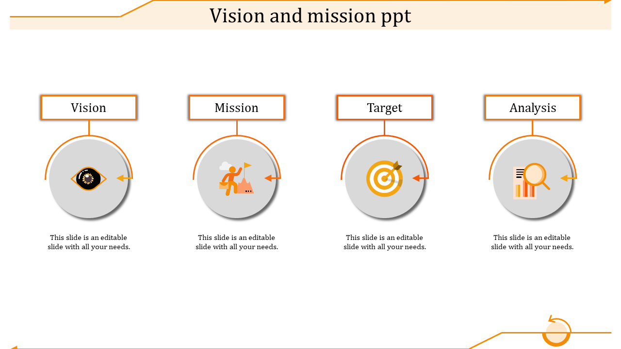 A PPT slide with orange coded icons for Vision, Mission, Target, and Analysis, each with placeholder text.
