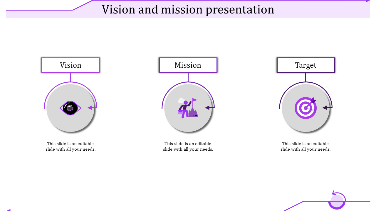Vision and mission template with purple circular icons placed with caption areas in a white backdrop.
