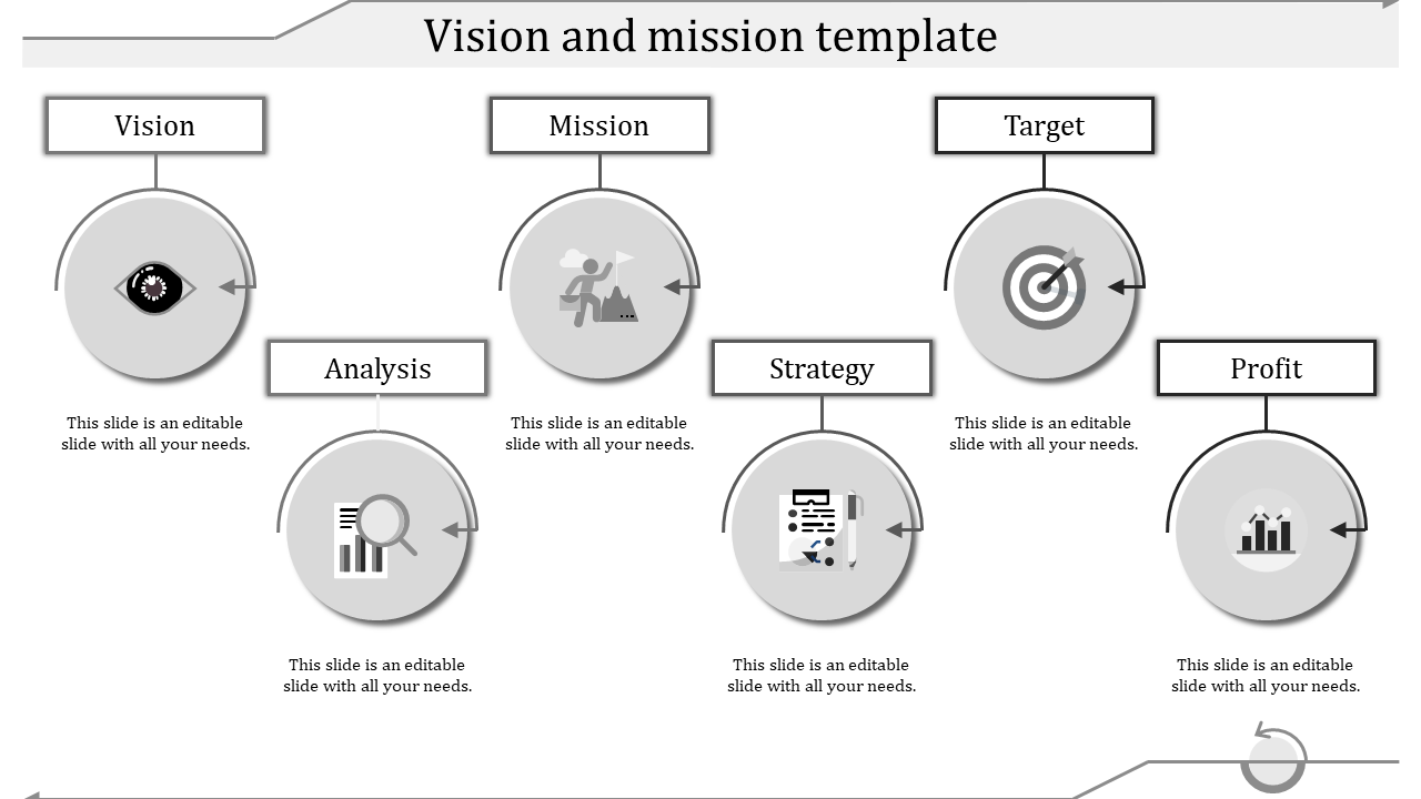 Six gray circular icons showing vision, mission, target, analysis, strategy, and profit in a structured layout.