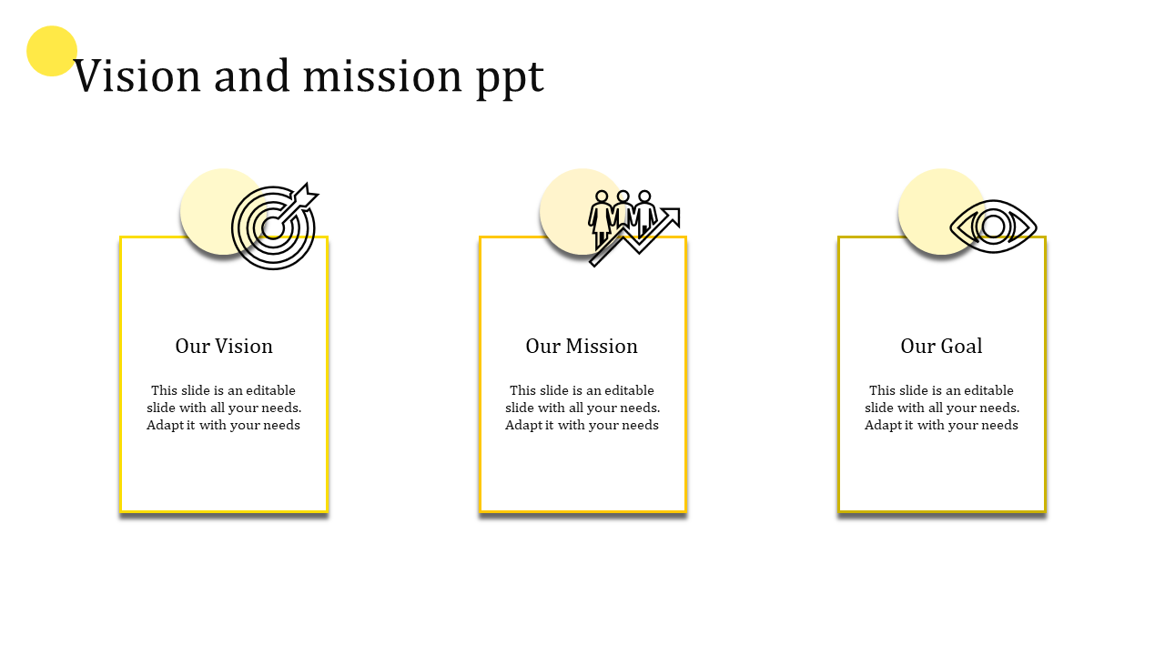 A PowerPoint slide featuring three yellow sections for Vision, Mission, and Goal, each with an icon and caption space.