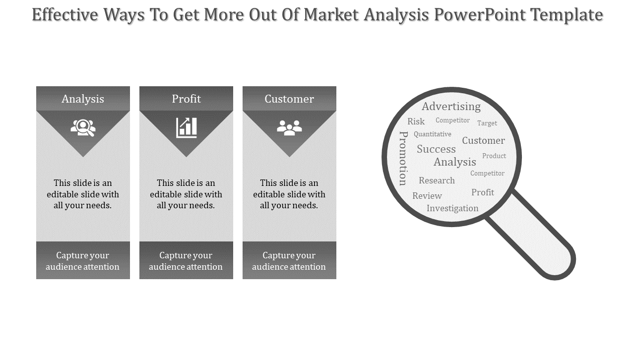 Slide design showing three gray blocks and a magnifying glass highlighting market analysis terms like success and profit.