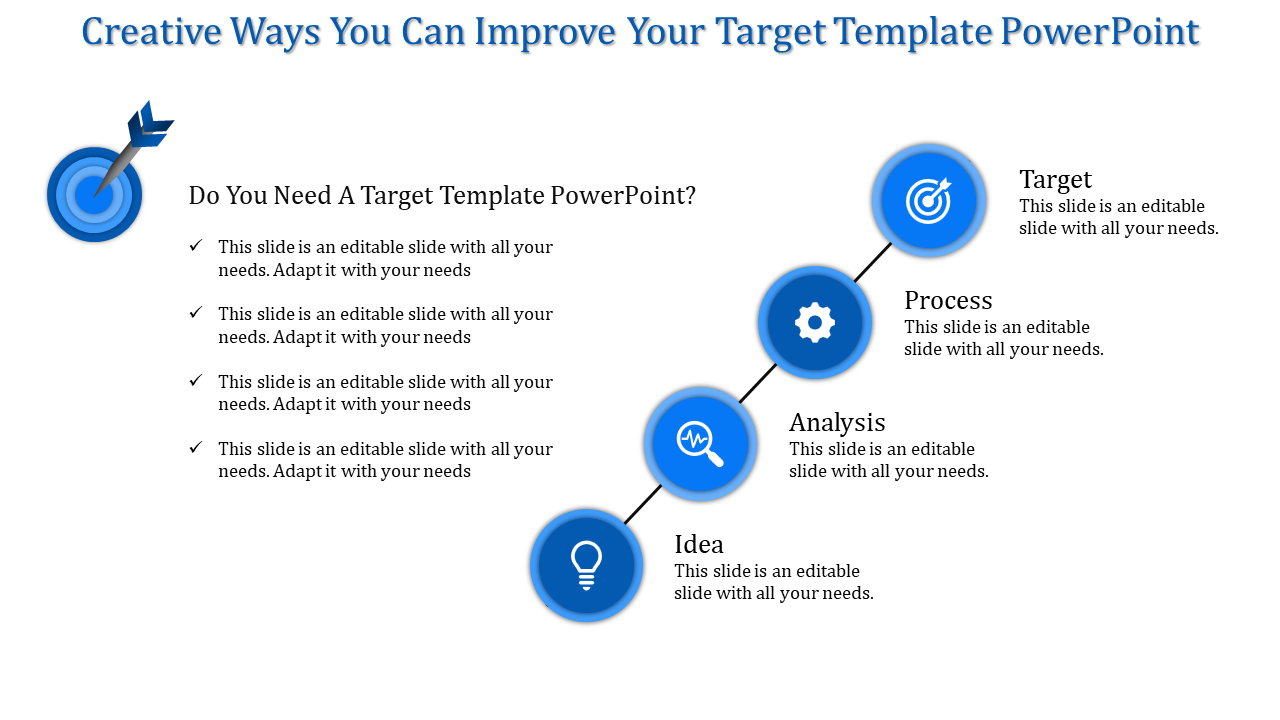 Creative PPT slide showcasing a target with four stages Target, Process, Analysis, and Idea, with icons and placeholder text.