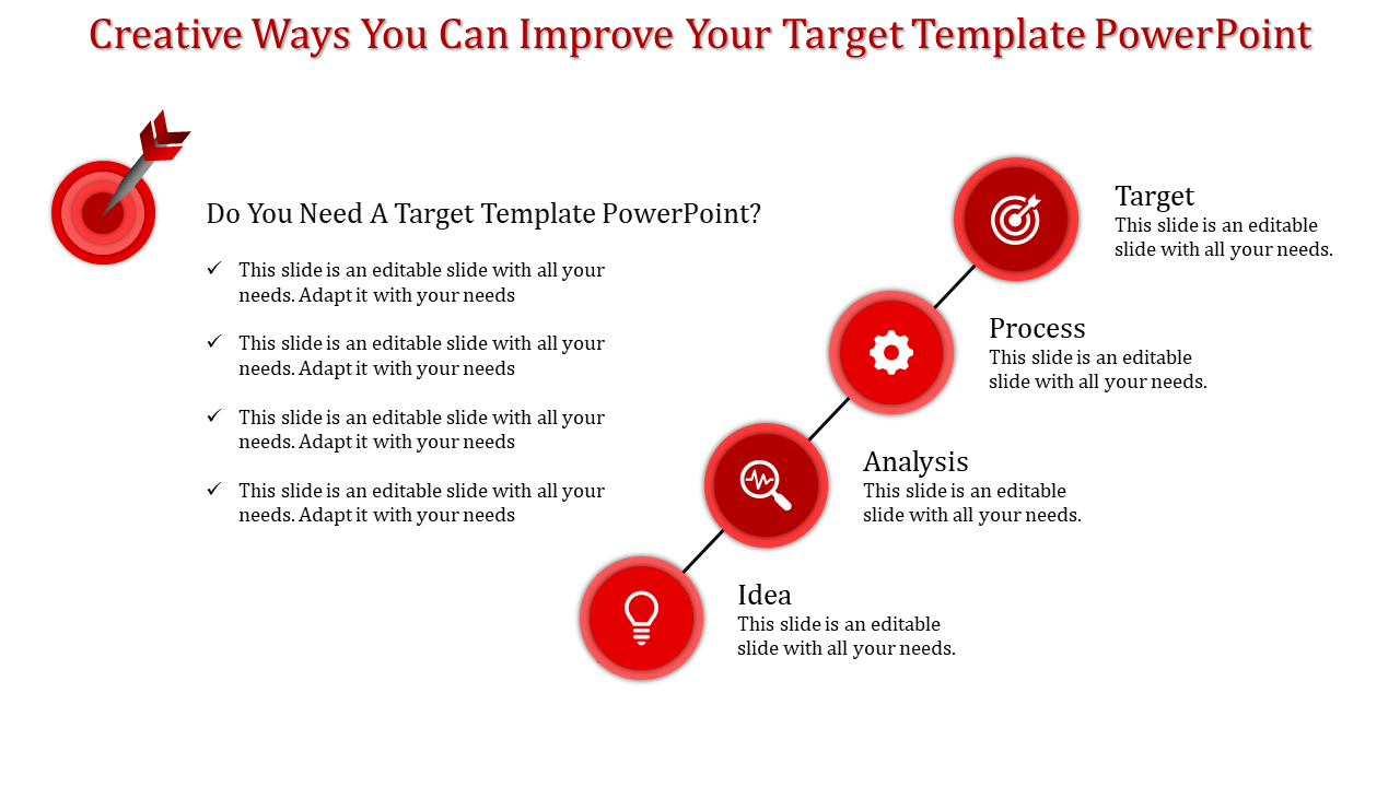 Red target diagram with four connected circular nodes labeled with caption areas from ideas to target.