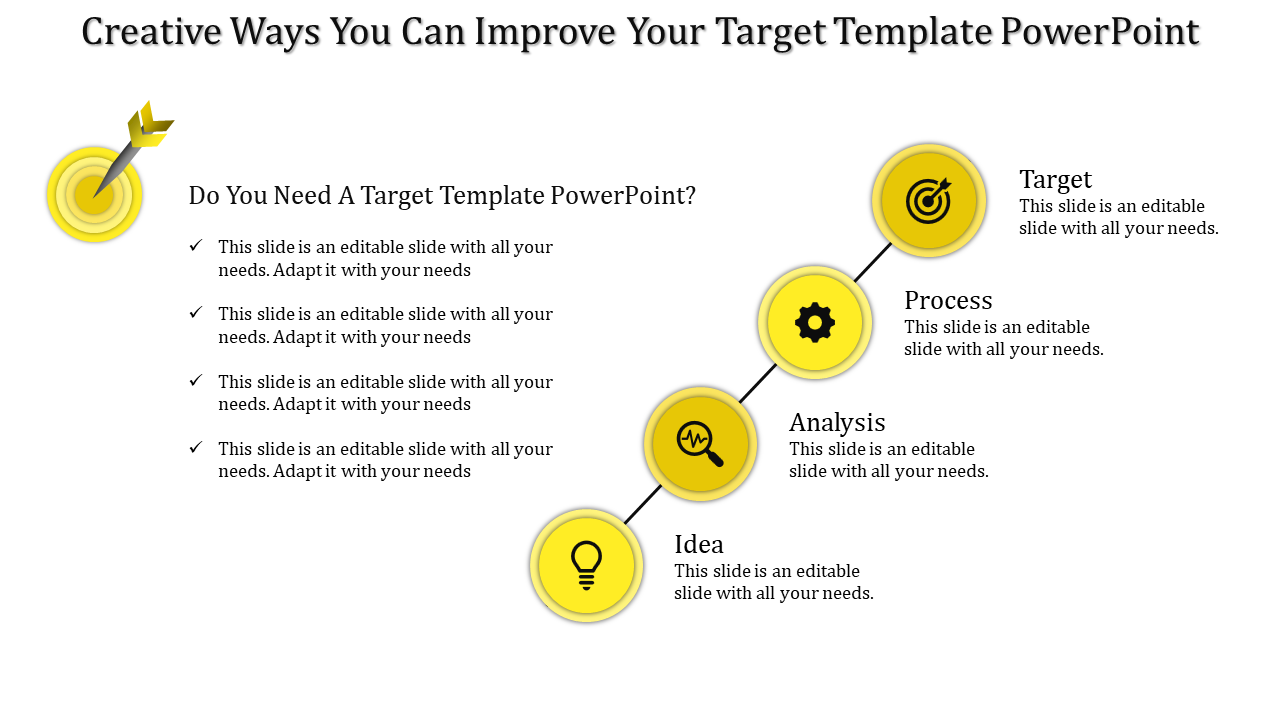 Creative layout with a dartboard icon and four yellow circular milestones linked by a diagonal black line.